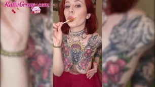 Sweet Babe in Pink Skirt Play Pink Vibrator and Sucks Lollipop